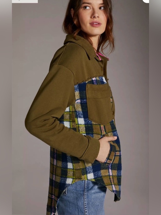 Pilcro Jackets & Blazers - Anthropologie PILCRO Olive plaid snap up shacket size L